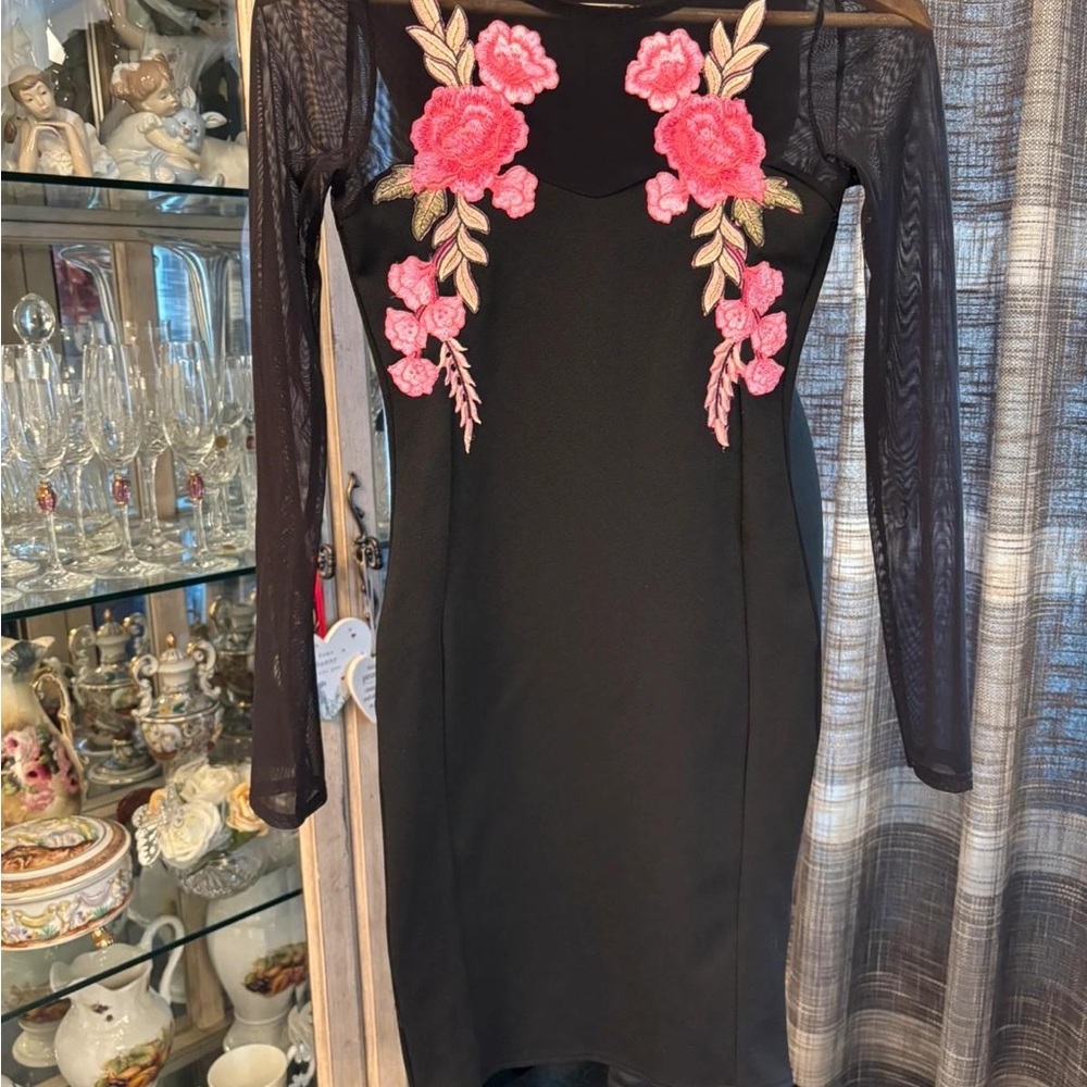 Black and Pink Long Sleeve Bodycon Dress for Cocktail